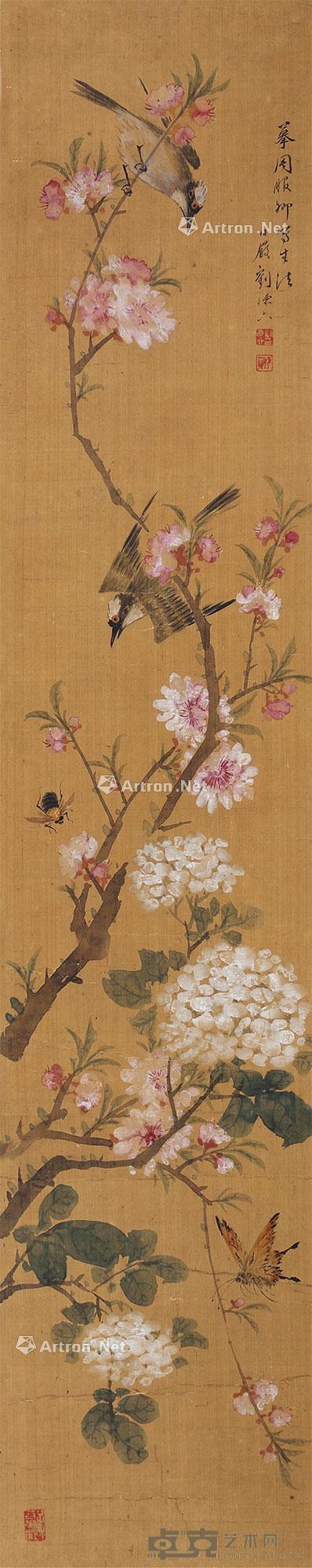 花鸟 镜片 设色绢本 101×20cm