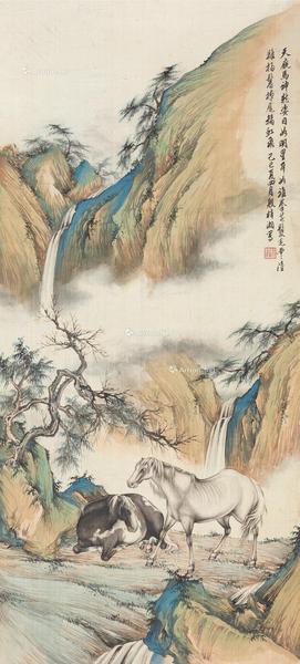  1929年 双骏图 立轴 设色绢本
