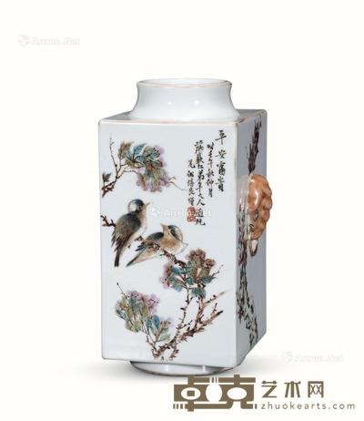  浅绛彩山水花鸟纹琮式瓶 高24cm