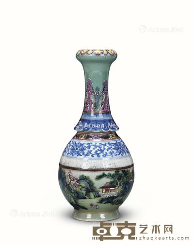清 各色釉山水人物纹蒜头瓶 高27cm