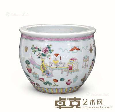 清 粉彩博古纹卷缸 高25cm