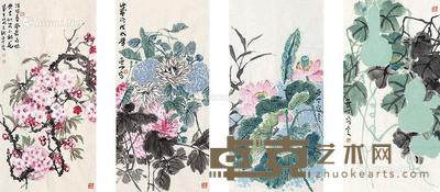  花卉 四屏镜框 设色纸本 69×33.5cm×4