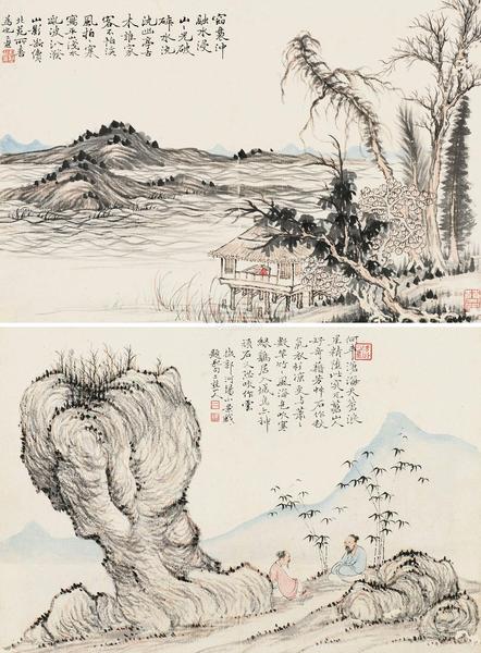 山水 （二帧） 镜片 （二开） 设色纸本