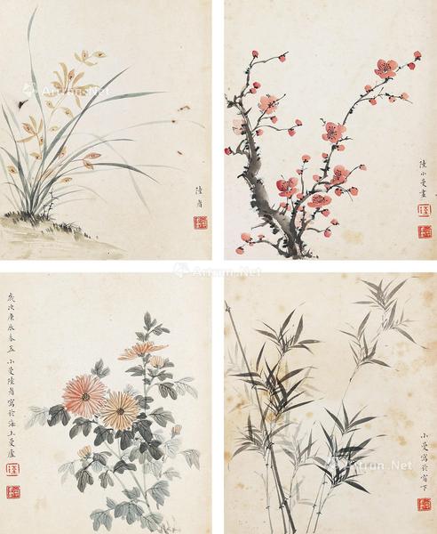  梅、兰、竹、菊 （四帧） 镜片 设色纸本