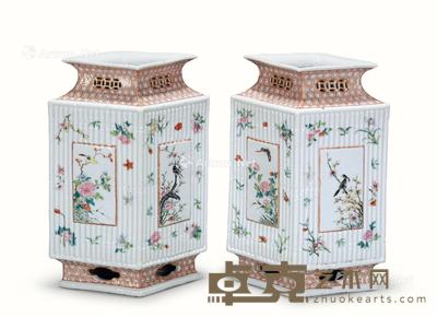 清 粉彩竹节开光花鸟纹菱形瓶 (一对) 高29cm