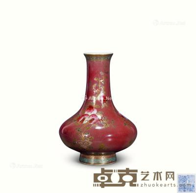  清乾隆 红釉描金寿桃纹荸荠瓶 高17.5cm