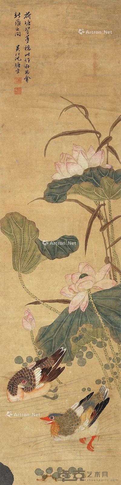 荷塘鸳梦 立轴 设色纸本 132×32.5cm