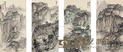  山水 四屏镜框 设色纸本 65.5×34cm×4