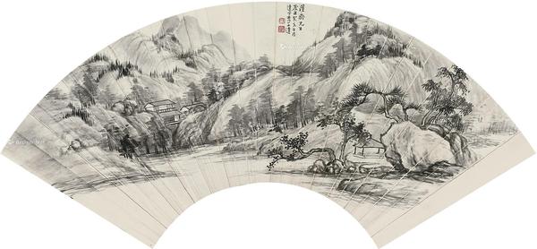  1923年作 山水单面无骨成扇 镜片 水墨纸本