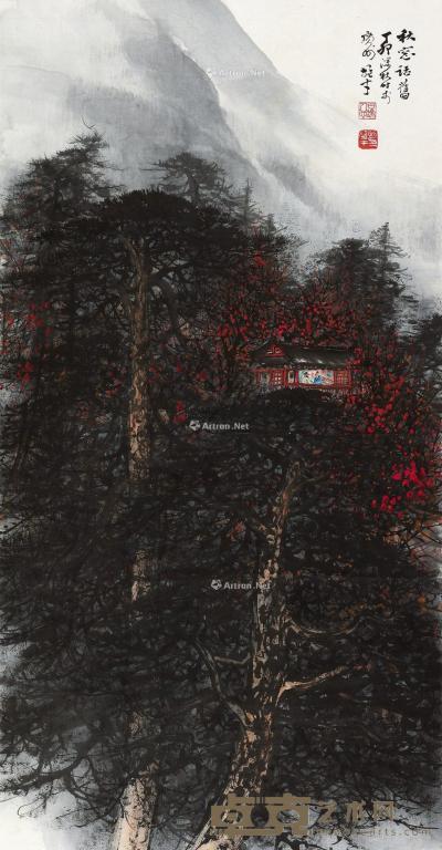  丁卯（1987）年作 秋窗话旧 立轴 设色纸本 135×68cm