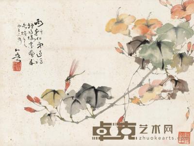  丙子（1936）年作 花卉蜻蜓 立轴 设色纸本 32×43cm