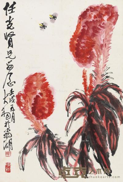  壬戌（1982）年作 鸡冠花 镜片 设色纸本 67×45cm
