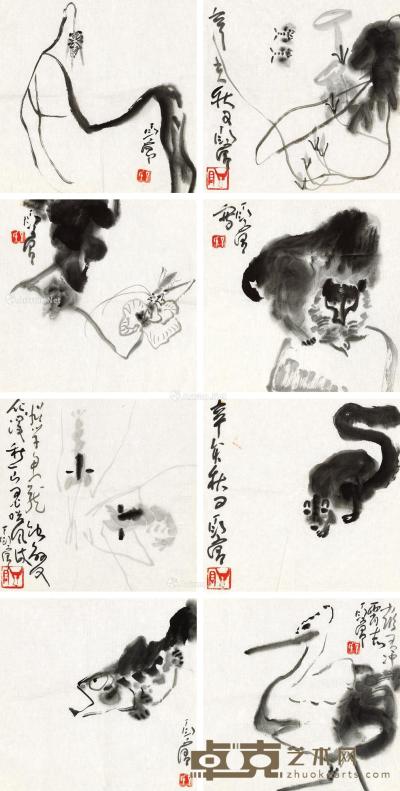  辛亥（1971）年作 动物鱼虫小品 八帧 镜片 水墨纸本 34×34cm×8