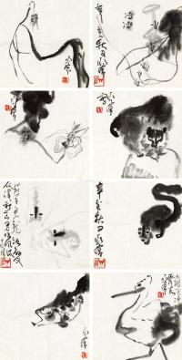  辛亥（1971）年作 动物鱼虫小品 八帧 镜片 水墨纸本