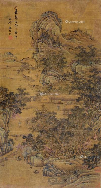  1565年作 春山访友图 立轴 设色绢本 85×45cm