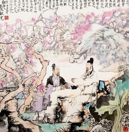  桃源品茶 镜片 设色纸本