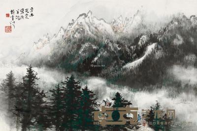  辛未（1991）年作 雪山行旅 镜片 设色纸本 45.5×68.5cm