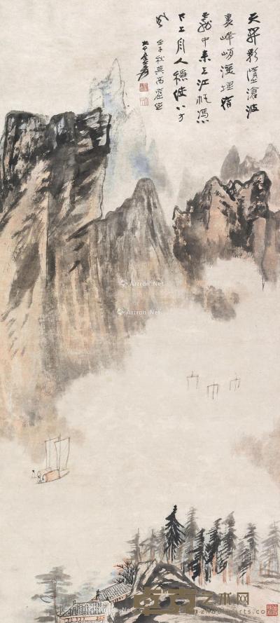 * 壬午（1942）年作 峡江帆影 立轴 设色纸本 111×50cm