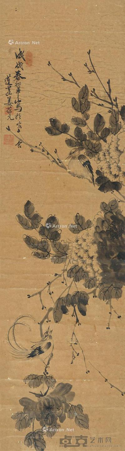  1898年作 绶带春声 屏轴 设色纸本 102×29cm