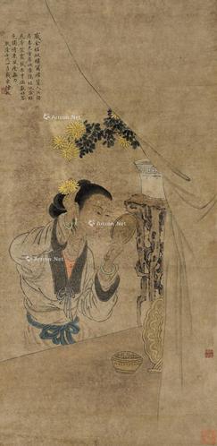  1742年作 菊花仕女 立轴 设色纸本