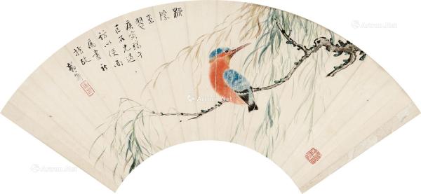  1950年作 柳阴翠羽 镜框 纸本设色