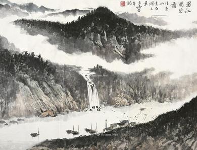  蜀江暁泊图 镜片 设色纸本