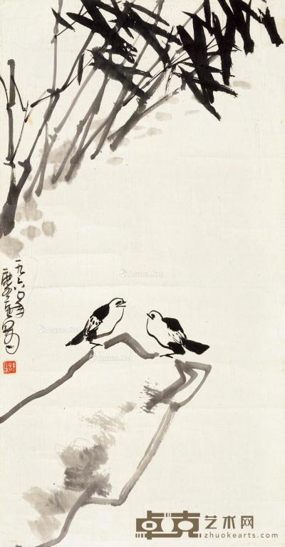  1960年作 竹石双鸟 镜片 水墨纸本 103×54cm