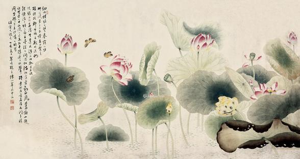  1947年作 荷花大横幅 镜片 设色纸本