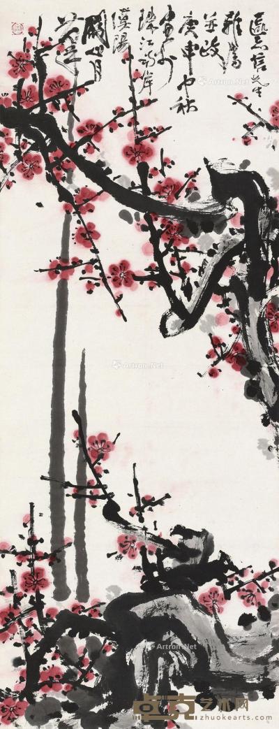 * 庚申（1980）年作 红梅 立轴 设色纸本 90×34cm