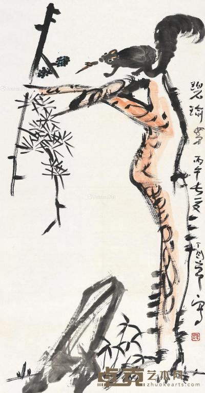  丙午（1966）年作 松鼠竹石图 镜片 设色纸本 139×70cm