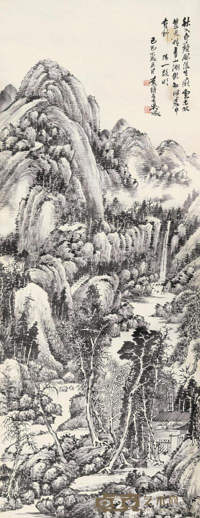  1929年作 青山湖外 立轴 水墨纸本 115×45cm