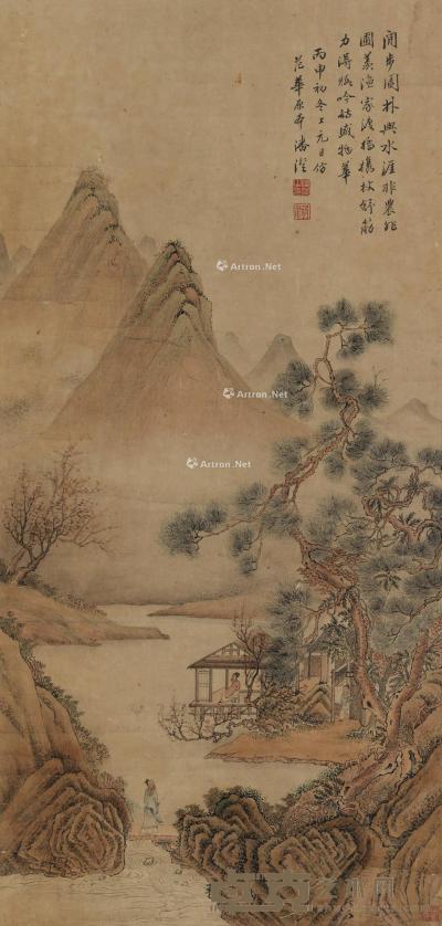 * 丙申（1656）年作 闲步园林 立轴 设色纸本 86×40cm
