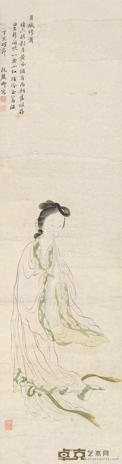  1887年作 月底修箫 立轴 设色纸本 120×31cm