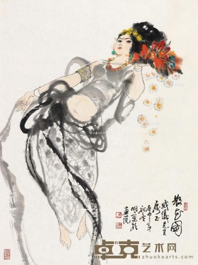  庚申（1980）年作 散花图 镜片 设色纸本 91×68cm