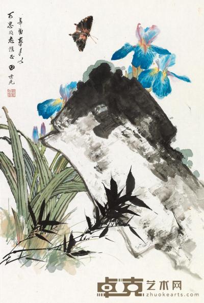  辛酉（1981）年作 花卉蝴蝶 镜片 设色纸本 68×45cm