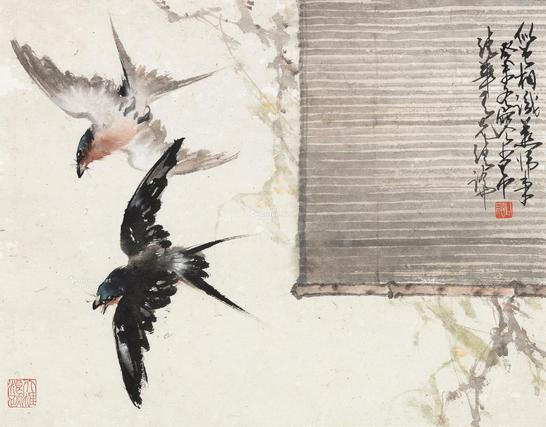  癸未（1943）年作 双燕 镜片 设色纸本