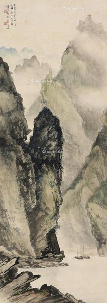  1947年作 峡江行舟图 镜片 设色纸本
