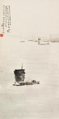  甲申（1944）年作 江上帆影 立轴 设色纸本
