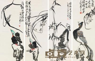  乙卯（1975）年作 花鸟四屏 立轴 设色纸本 92×34cm×4