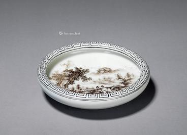  墨彩山水人物笔洗