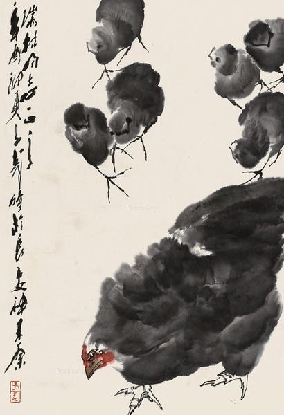  辛酉（1981）年作 群鸡图 立轴 设色纸本