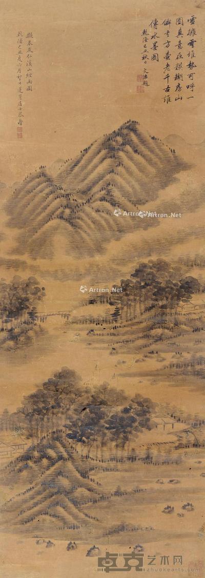 1769年作 溪山烟雨图 立轴 设色纸本 92×31cm