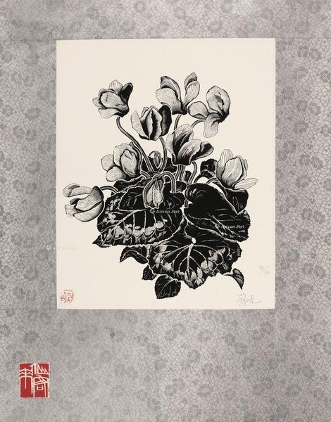  1961年作 仙客来 纸本 木口木刻