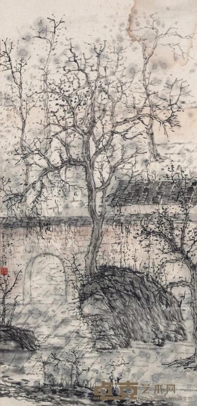  2001年作 禅院秋意 纸本水墨 69×34cm