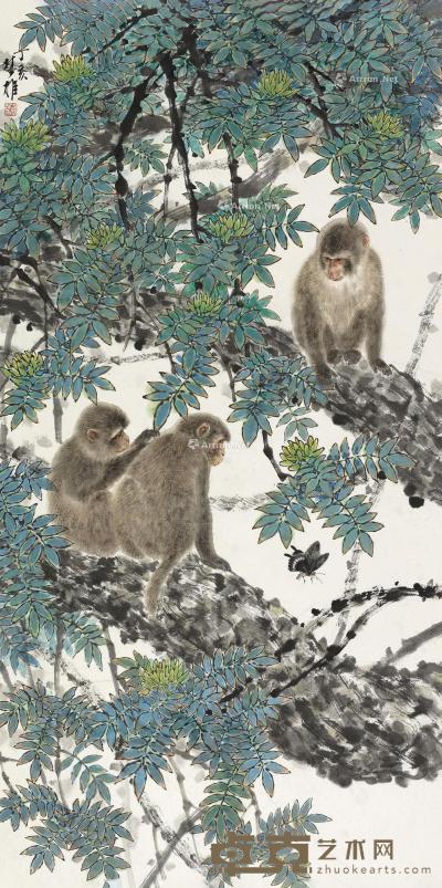  丁亥（2007）年作 三猴图 镜片 设色纸本 136×69cm