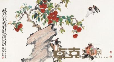  乙酉（1945）年作 红荔翠鸟 镜片 设色纸本 46×86cm