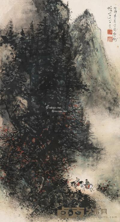  癸酉（1993）年作 夏山策骑图 镜片 设色纸本 99×54cm