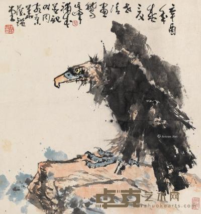  辛酉（1981）年作 鹰 立轴 设色纸本 69×65cm