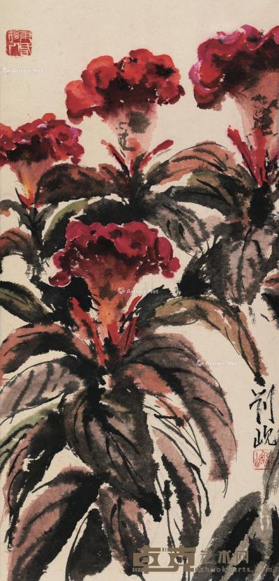  1983年作 火红的鸡冠花 纸本设色 62×30cm