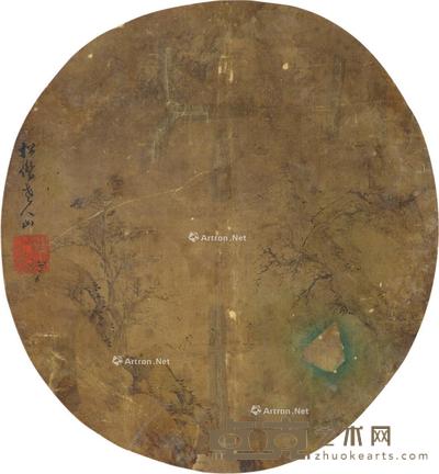 对弈图 镜框圆光 水墨绢本 直径29cm